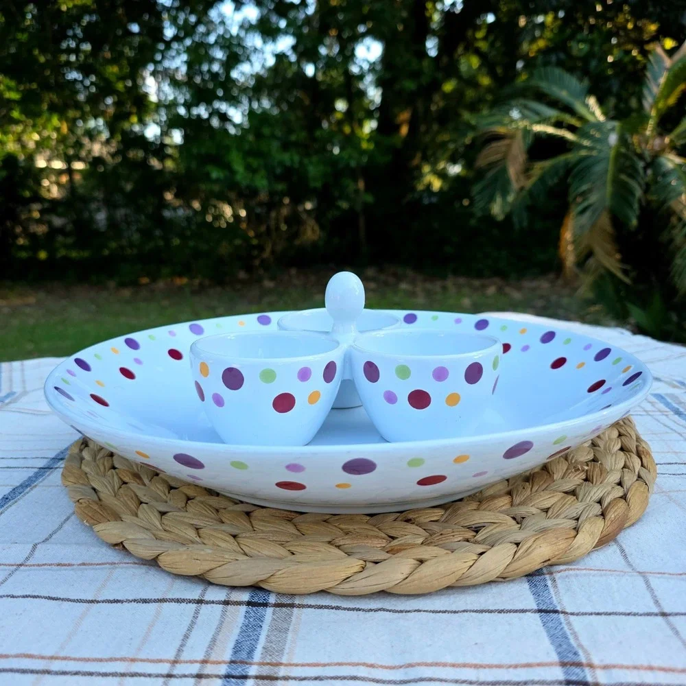 Pampered‎ Chef Simple Additions Polka Dot Serving Tray Bowl Condiment SET 13.5